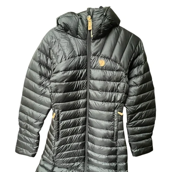 NWOT Sample Fjallraven Snow Flake Parka Goose Down Coat Long Hooded Black Gold - Picture 3 of 12